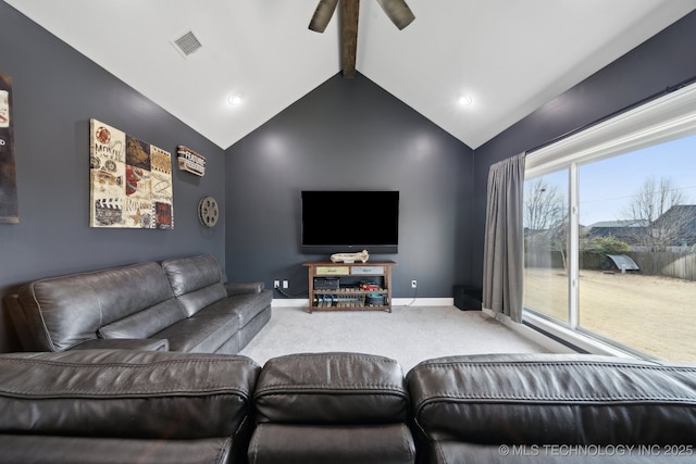 living room featuring vaulted ceiling with beams, carpet floors, a ceiling fan, visible vents, and baseboards