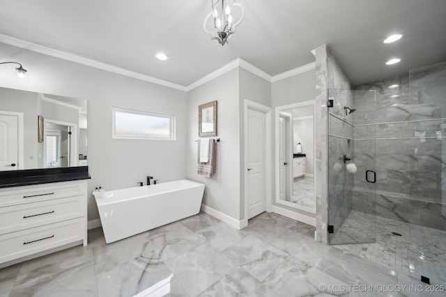 full bath with baseboards, ornamental molding, marble finish floor, a freestanding tub, and a shower stall