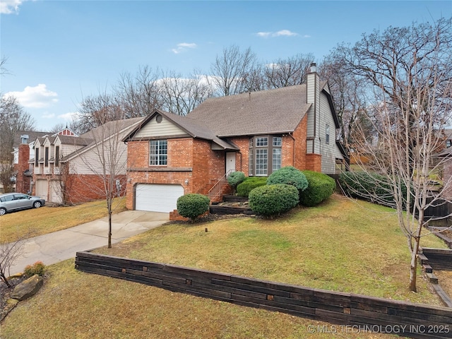 view of front of house featuring a garage, concrete driveway, brick siding, and a front lawn