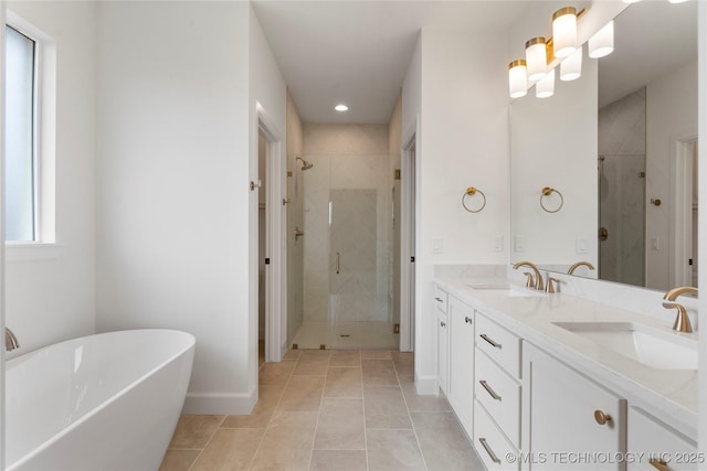 bathroom with a freestanding bath, a stall shower, and a sink