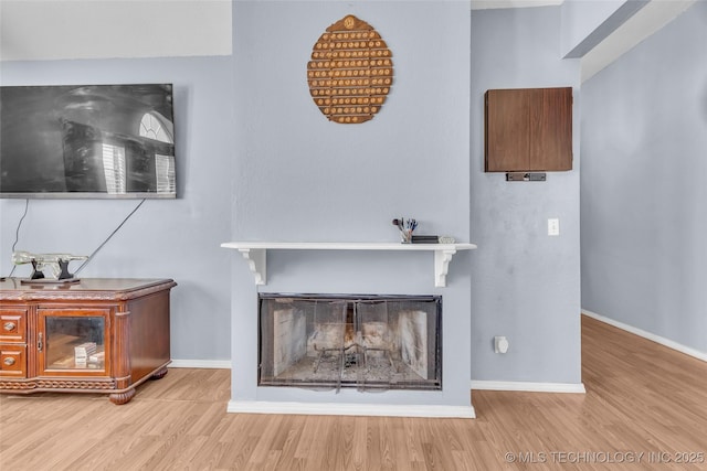 room details with a fireplace, baseboards, and wood finished floors