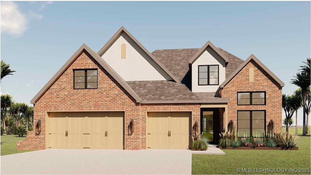 view of front of house featuring a front lawn, concrete driveway, and brick siding