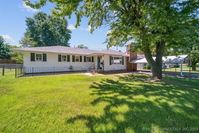 single story home featuring a chimney, fence, and a front lawn