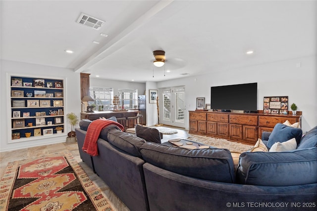 living room featuring built in features, visible vents, a ceiling fan, beamed ceiling, and recessed lighting