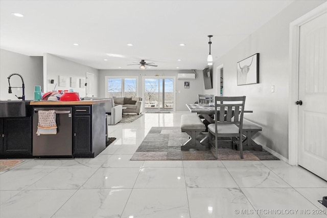 dining space featuring marble finish floor, an AC wall unit, ceiling fan, and recessed lighting