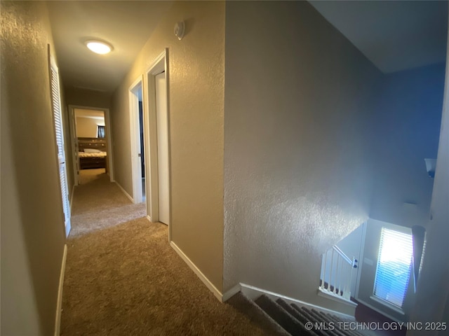 corridor with baseboards, carpet flooring, and a textured wall