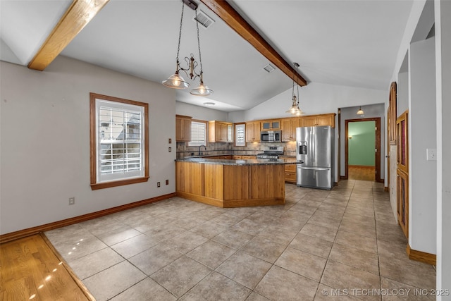 kitchen with vaulted ceiling with beams, stainless steel appliances, a peninsula, baseboards, and tasteful backsplash