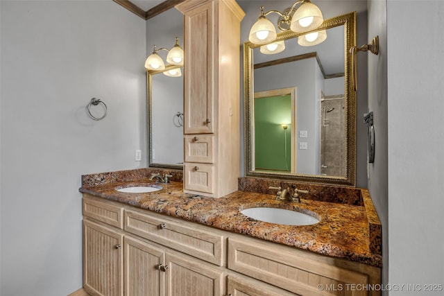 full bath featuring crown molding, a sink, and double vanity