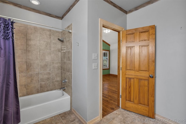 full bath with ornamental molding, shower / bath combo, tile patterned flooring, and baseboards