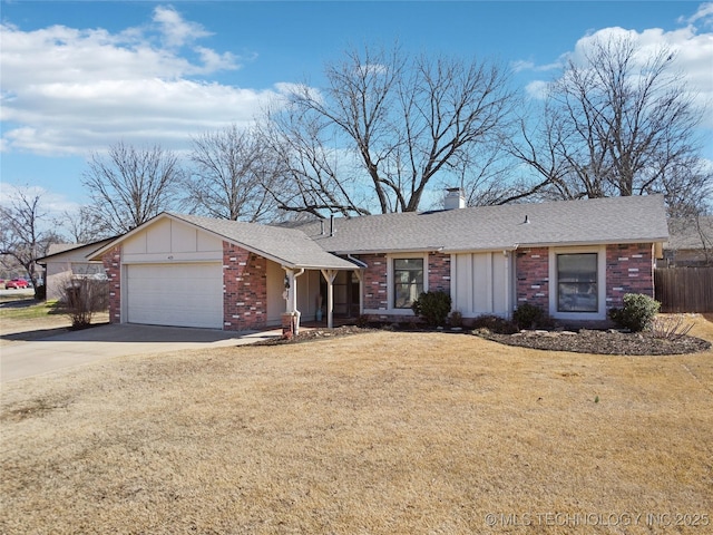 ranch-style house featuring board and batten siding, a front lawn, brick siding, and driveway