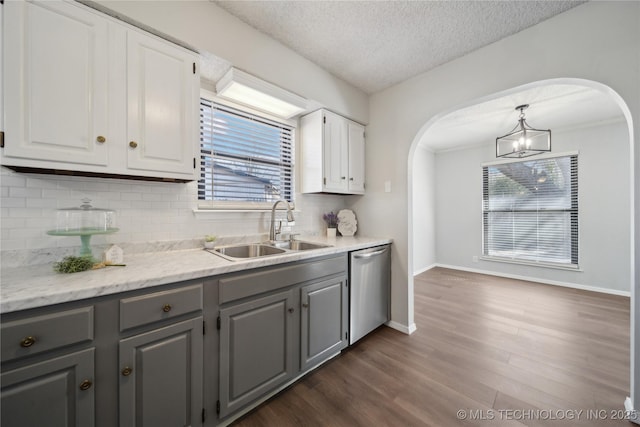 kitchen featuring a sink, gray cabinets, dark wood-style floors, white cabinets, and stainless steel dishwasher