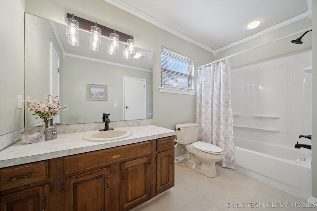 bathroom featuring tile patterned flooring, vanity, toilet, and crown molding