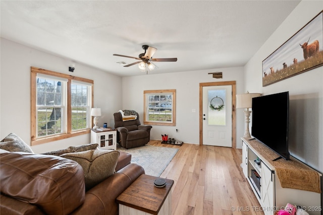 living area featuring ceiling fan, visible vents, and light wood-style floors