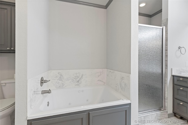 bathroom with toilet, a whirlpool tub, crown molding, vanity, and a shower stall