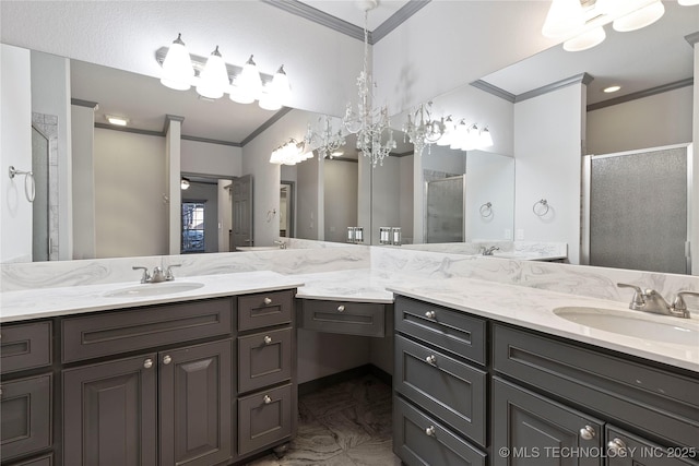 bathroom with a stall shower, ornamental molding, marble finish floor, and vanity