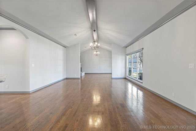 unfurnished room with arched walkways, a chandelier, vaulted ceiling with beams, wood finished floors, and baseboards