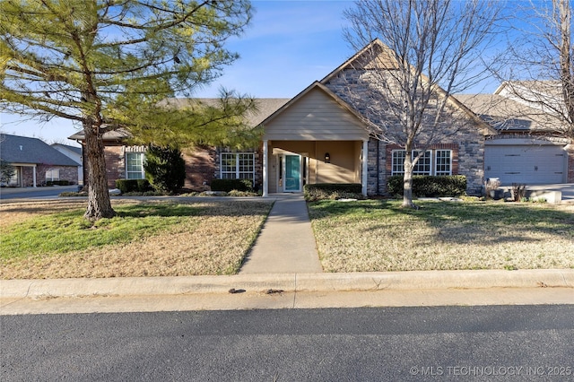 view of front of property featuring stone siding and a front lawn