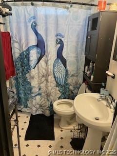 bathroom featuring a shower with curtain, a sink, and toilet