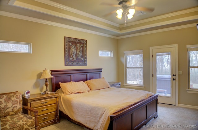 bedroom with light carpet, access to exterior, ceiling fan, and ornamental molding