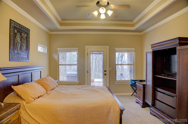 bedroom featuring light carpet, multiple windows, and a raised ceiling