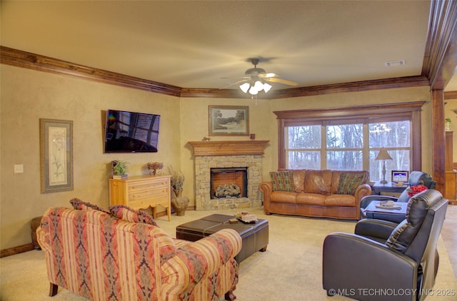 living room with carpet, a fireplace, visible vents, and crown molding