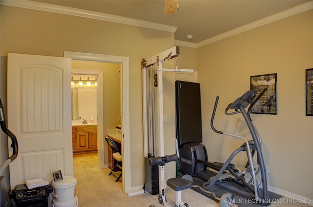 exercise room with light colored carpet, crown molding, a sink, and baseboards