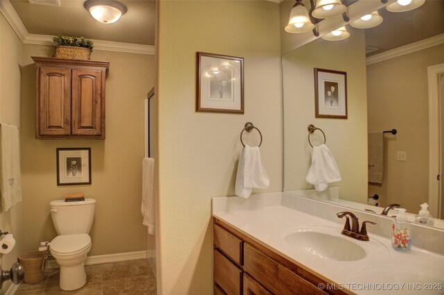 full bath featuring crown molding, visible vents, toilet, vanity, and tile patterned flooring