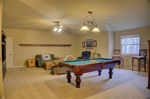 recreation room featuring baseboards, visible vents, and carpet flooring