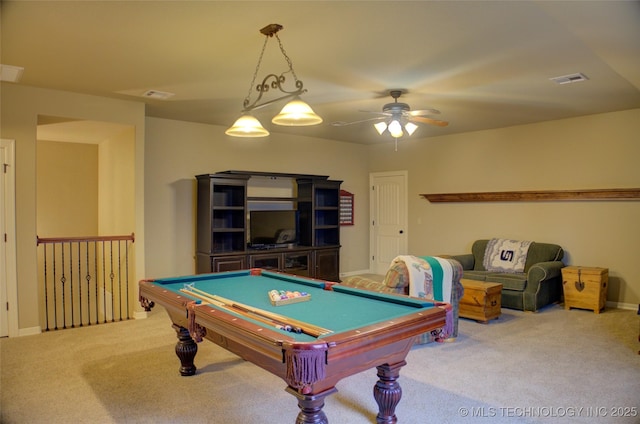 playroom featuring ceiling fan, carpet, billiards, and visible vents