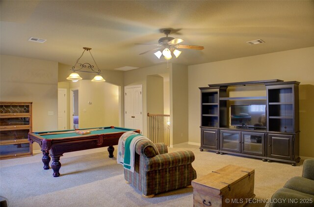 recreation room featuring a ceiling fan, visible vents, carpet flooring, and pool table