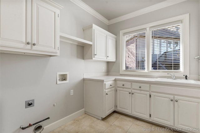 11630 S Fulton Ave, Tulsa, OK 74137 - laundry area with hookup for a gas dryer, electric dryer hookup, crown molding, cabinet space, and hookup for a washing machine