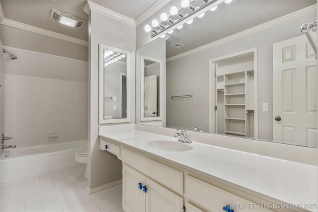 11630 S Fulton Ave, Tulsa, OK 74137 - full bathroom with toilet, vanity, tub / shower combination, tile patterned floors, and crown molding