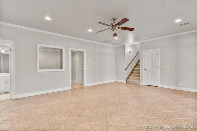 11630 S Fulton Ave, Tulsa, OK 74137 - spare room featuring a ceiling fan, ornamental molding, stairs, recessed lighting, and baseboards