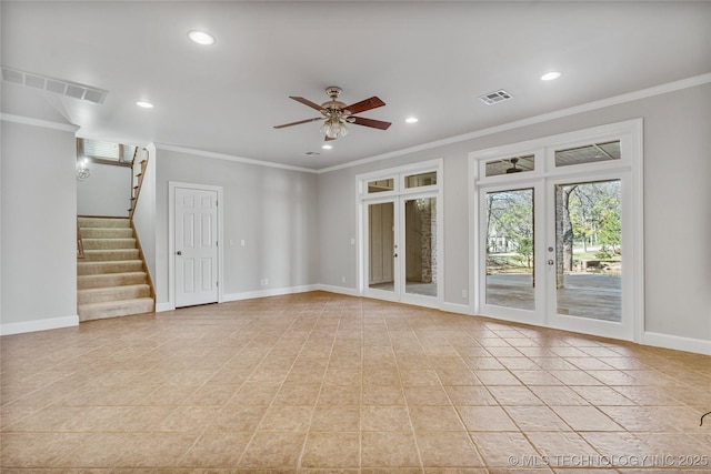11630 S Fulton Ave, Tulsa, OK 74137 - spare room featuring crown molding, ceiling fan, stairway, recessed lighting, and baseboards