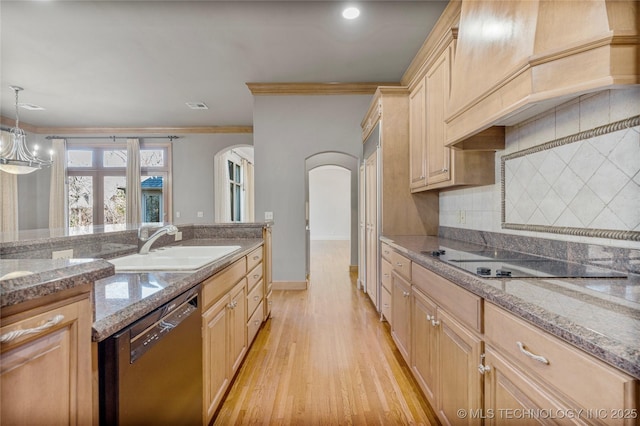 11630 S Fulton Ave, Tulsa, OK 74137 - kitchen featuring dishwasher, black electric stovetop, custom range hood, arched walkways, and a sink