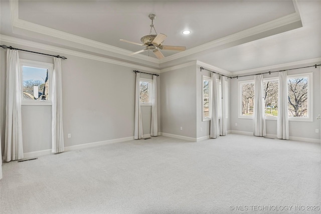11630 S Fulton Ave, Tulsa, OK 74137 - unfurnished bedroom featuring a tray ceiling, crown molding, baseboards, carpet, and ceiling fan