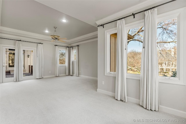 11630 S Fulton Ave, Tulsa, OK 74137 - spare room with crown molding, carpet floors, baseboards, ceiling fan, and recessed lighting
