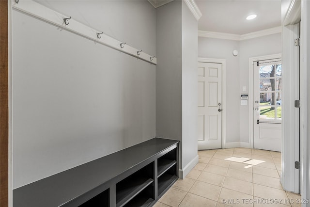 11630 S Fulton Ave, Tulsa, OK 74137 - mudroom with ornamental molding, light tile patterned flooring, baseboards, and recessed lighting