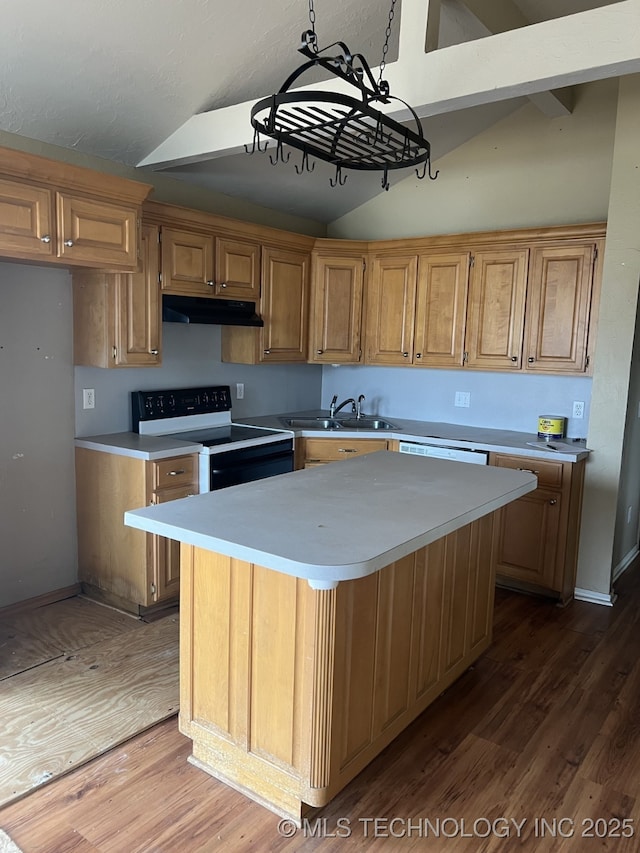 kitchen with lofted ceiling, under cabinet range hood, range with electric stovetop, a sink, and light countertops