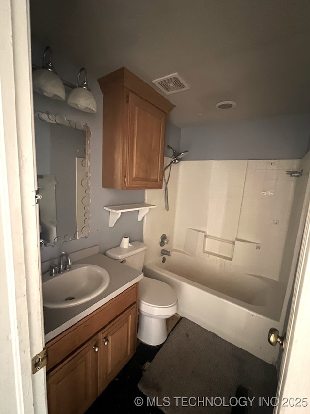 full bathroom featuring shower / bath combination, visible vents, toilet, and vanity