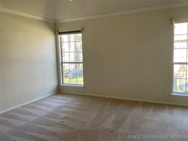 empty room with carpet flooring, crown molding, and baseboards