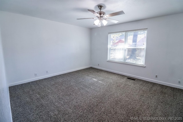 empty room featuring carpet floors, a ceiling fan, visible vents, and baseboards