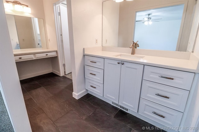 bathroom with visible vents, ceiling fan, vanity, and baseboards