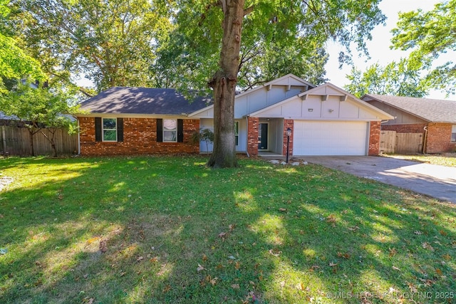 ranch-style house with an attached garage, fence, a front lawn, and brick siding