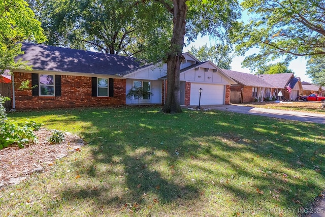 ranch-style house featuring a garage, driveway, a front yard, and brick siding