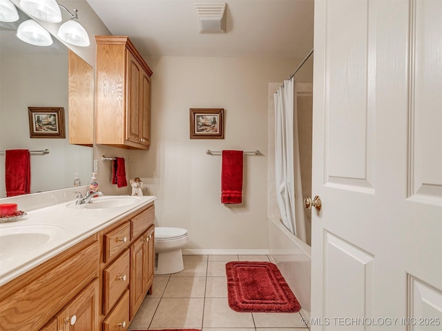 bathroom with tile patterned flooring, toilet, a sink, visible vents, and double vanity