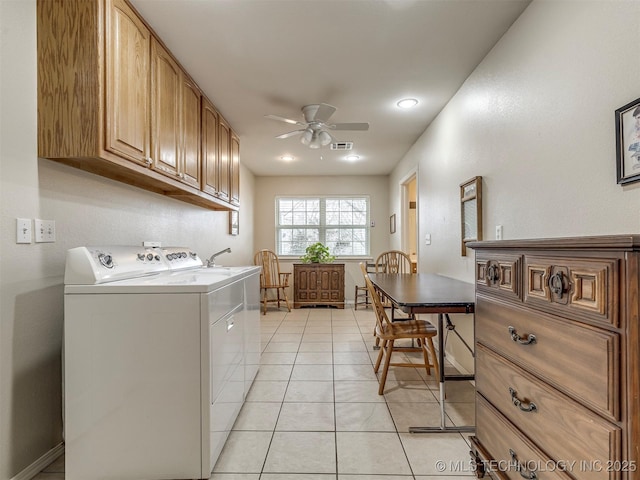 laundry area with light tile patterned floors, laundry area, visible vents, ceiling fan, and washer and dryer