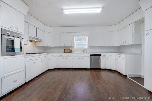 kitchen featuring under cabinet range hood, a sink, light countertops, appliances with stainless steel finishes, and dark wood finished floors