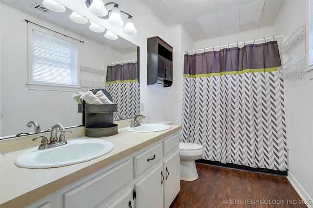 full bathroom featuring toilet, double vanity, a sink, and wood finished floors