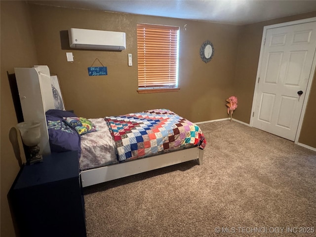 carpeted bedroom featuring a wall mounted air conditioner and baseboards